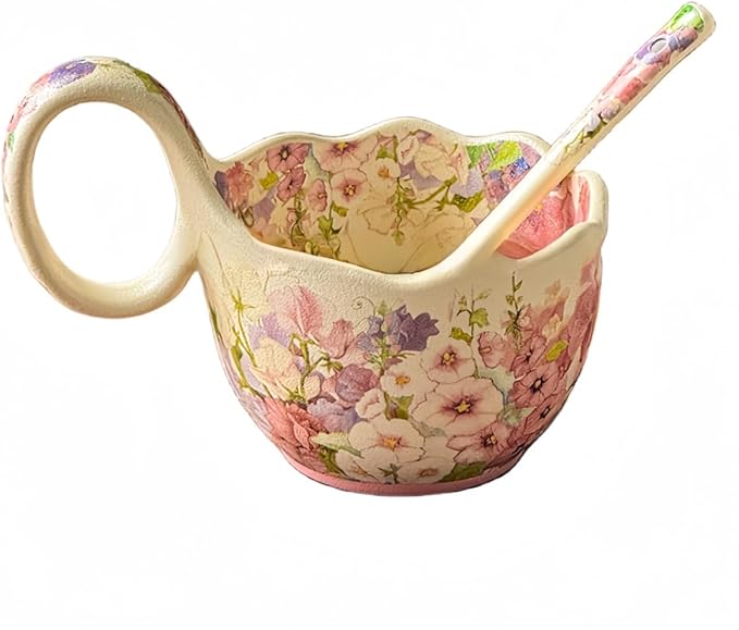 16.91oz/500ml Handpainted Soup Bowl with Handle,Ceramic Cereal Bowl Microwave & Dishwasher Safe,Loop Handle Bowl Great for Soup,Yogurt,Snack,Chip,Stew,Ice Cream,Coffee (Hollyhock-Yellow)