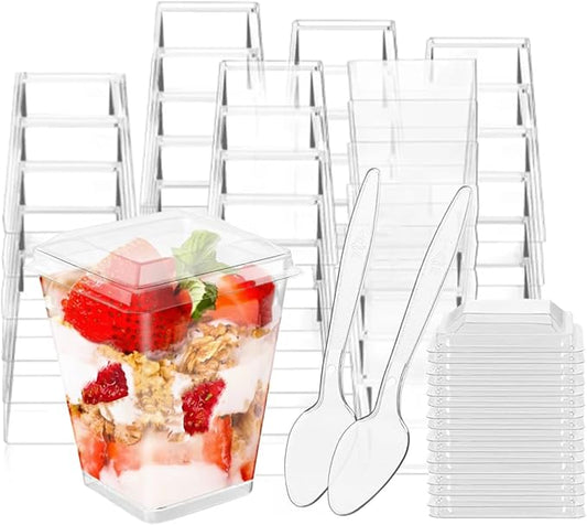 150ml/5oz Clear Dessert Cups with Lids and Spoons, 50Pcs Reusable Square Dessert Cups, Mini Transparent Appetizers Serving Bowl for Desserts Mousses,Puddings,Party