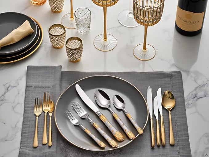 Luxury 20-Piece Wheat Ear Design Silverware Set, Premium 18/10 Stainless Steel Flatware, Serving 4. (Gold & Silver)