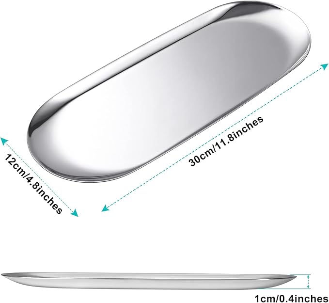 Set of 2 Silver Oval Stainless Steel Tray (30cm x 12cm) – Mini Coffee Table Tray for Jewelry, Cosmetic & Candle