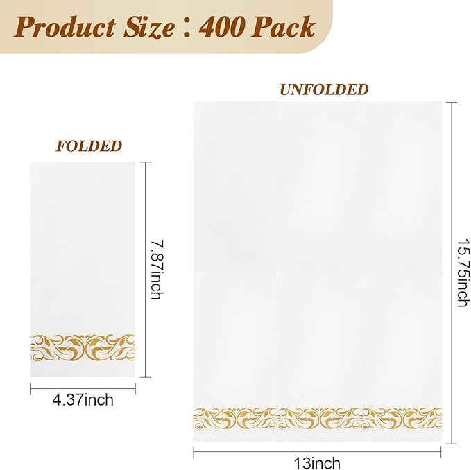 BESTVIP 400 Pack Disposable Paper Napkins,3-Ply Dinner Napkins with Gold Trim for Guests,Bathroom Paper Hand Towels Soft and Absorbent,Perfect for Christmas,Kitchen,Dinner,Party,Wedding or Event