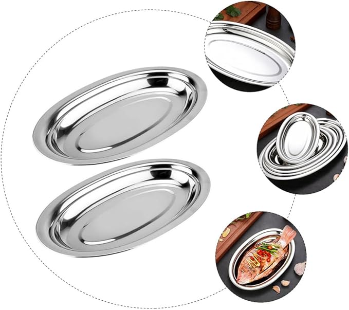 PRETYZOOM 2pcs Stainless Steel Oval Plates Serving Trays Steak Serving Plate Food Safe Rounded Edges Polished Finish