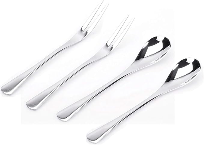 VANRA 5in 4-Piece Flatware Set - Silver Stainless Steel - 2 Forks and 2 Spoons - Salad, Teaspoon, Cocktail, Coffee, Serving, Appetizer