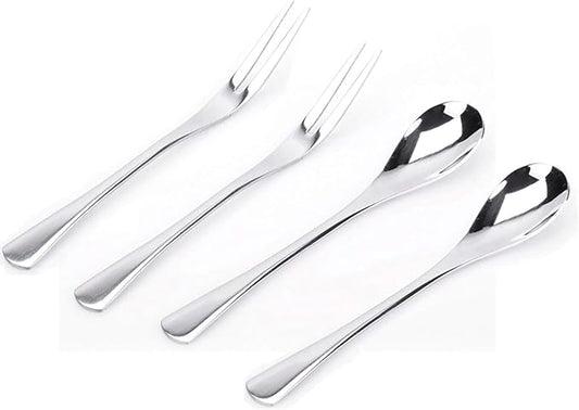 VANRA 5in 4-Piece Flatware Set - Silver Stainless Steel - 2 Forks and 2 Spoons - Salad, Teaspoon, Cocktail, Coffee, Serving, Appetizer