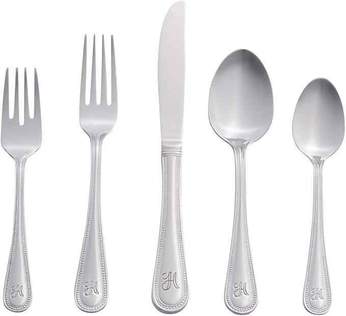 RiverRidge Monogrammed Beaded Flatware Set - H - 46-Piece Silverware with Custom Letter Stamp, 18/0 Stainless Steel Utensils Set for Daily Use & Special Occasions - Dishwasher Safe, Versatile Design