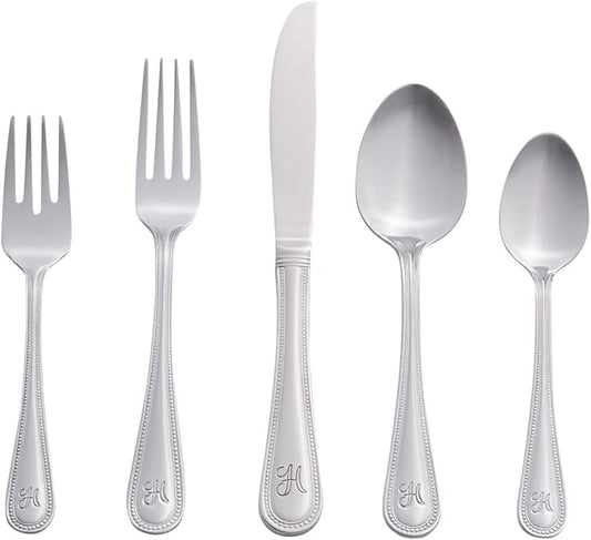 RiverRidge Monogrammed Beaded Flatware Set - H - 46-Piece Silverware with Custom Letter Stamp, 18/0 Stainless Steel Utensils Set for Daily Use & Special Occasions - Dishwasher Safe, Versatile Design