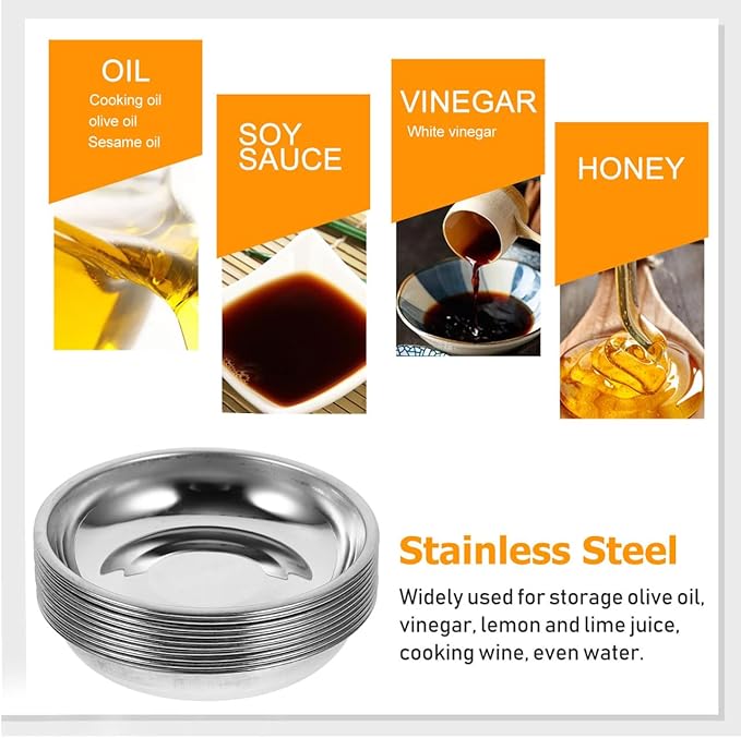 Hemoton 10PCS Stainless Steel Sauce Dishes,Mini Saucers Dipping Bowls,Small Appetizer Tray,Seasoning Dishes Sushi Saucers Bowl Appetizer Plates,Mini Cat Food Bowl,Cat Food and Water Dish,8X8CM