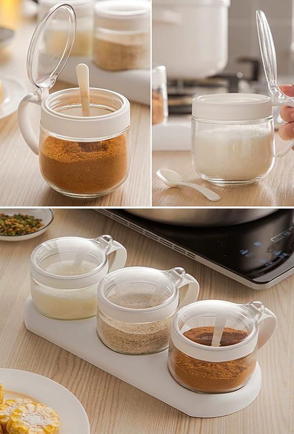 NAN Wind Glass Seasoning Box Set,12oz/350 ml Condiment Set With Lids and Spoon,Clear Glass Condiment Canisters,2Pack Scondiment Jar Set for Sugar Pepper for Kitchen Counter(White)