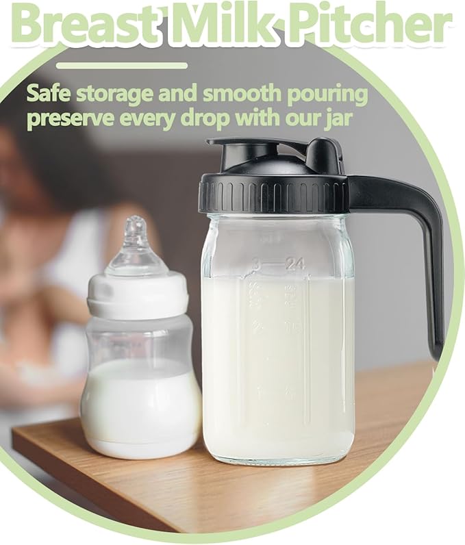 32oz Glass Pitcher with Lid & V-shaped Pour Spout - 1 Quart Breastmilk Pitcher Double Leak Proof, Creamer Container for Sun Tea, Juice, Cold Brew Coffee, Breastmilk Storage Container