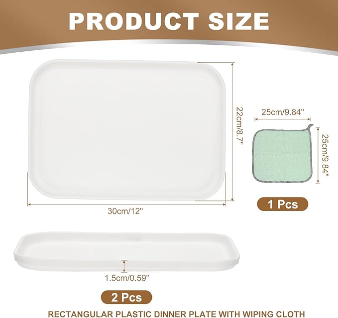 PATIKIL 12x8.7 Plastic Tray, 2 Pack Rectangular Plates Small Food Tray Wheat Plates Dishes Reusable Dessert Plate Trays with Cloth for Cake Fruits Salad Cupcake Steak Serving White
