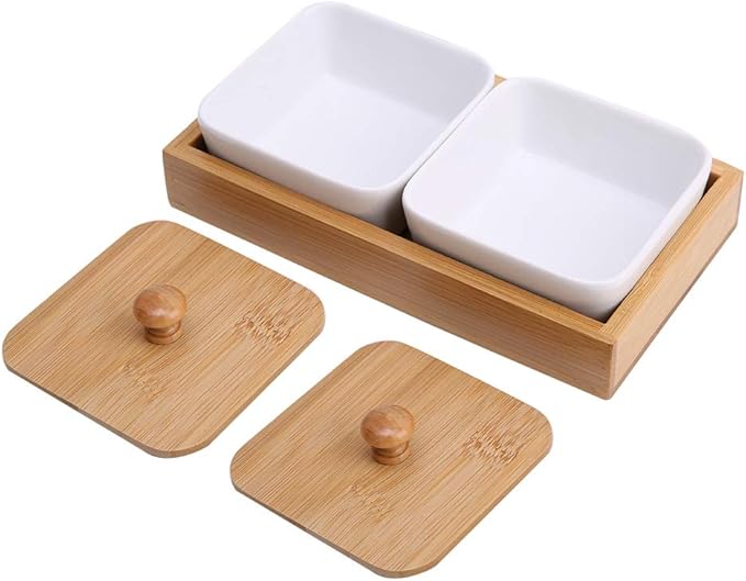 Ceramic Appetizer Serving Plate with Tray Cover, Snack Serving Plate for Fruits Nuts Desserts, BPA - Free White Ceramic Square Bowl with Separate Compartments, Modern Design (Two compartments with