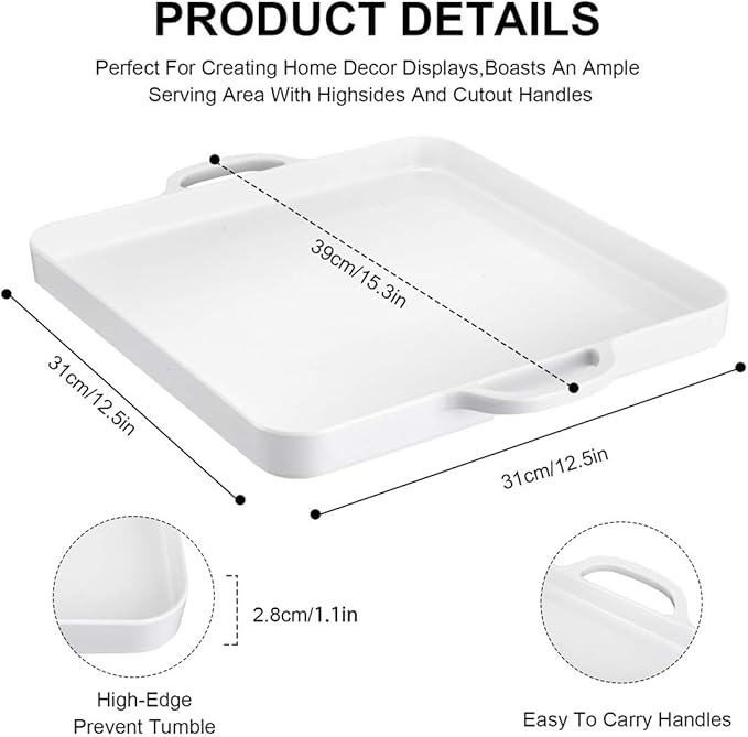 Square Serving Trays with Handles Melamine White 12.5x12.5 Inch Spill Proof Kitchen Eating Trays Set of 2 for Cafeteria Cafe Food Appeizer Dessert Snack Dinner Lunch Breakfast,TR14-02