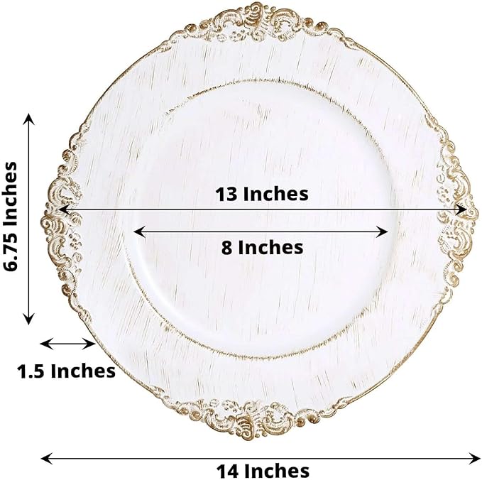 13" Charger Plates -Set of 24 - Acrylic White Round Baroque Disposable Chargers Leaf Embossed Rim, Ideal for Dinner Party Wedding Bulk Events