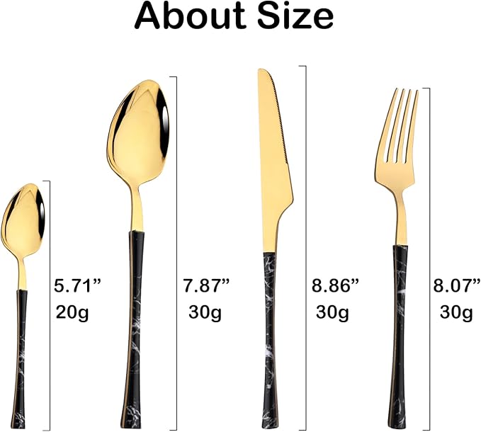 JASHII 24pcs Stainless Steel Marble Texture Handle Cutlery Set, Knife Fork Tea Spoon Silverware Kitchen, Silver Flatware Set for 6, Mirror Polished Small Waist Handle - Black&Gold