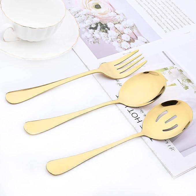 10-Piece Gold Silverware Set, Premium Stainless Steel Cutlery Serving Utensils, Modren & Classic Tableware For Home Kitchen Restaurant Party, Mirror Finish, Dishwasher Safe