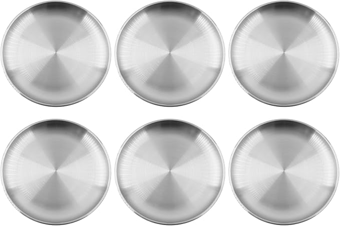 304 Stainless Steel Plates,Silver Round Dinner Dishes,Feeding Serving Camping Plates,Reusable Dinner Plates,Durable Metal Plates, Double Walled Plates for Picnic BBQ Steak 6PCS, 23cm/9.06''