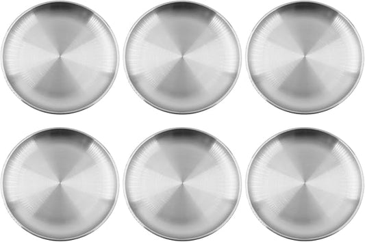 304 Stainless Steel Plates,Silver Round Dinner Dishes,Feeding Serving Camping Plates,Reusable Dinner Plates,Durable Metal Plates, Double Walled Plates for Picnic BBQ Steak 6PCS, 23cm/9.06''