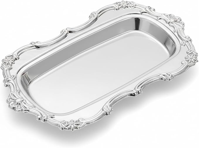 Metal Serving Tray, Silver Vintage Oval Vanity Tray for Jewelry, Perfume, Desserts & Snacks Display, Serving