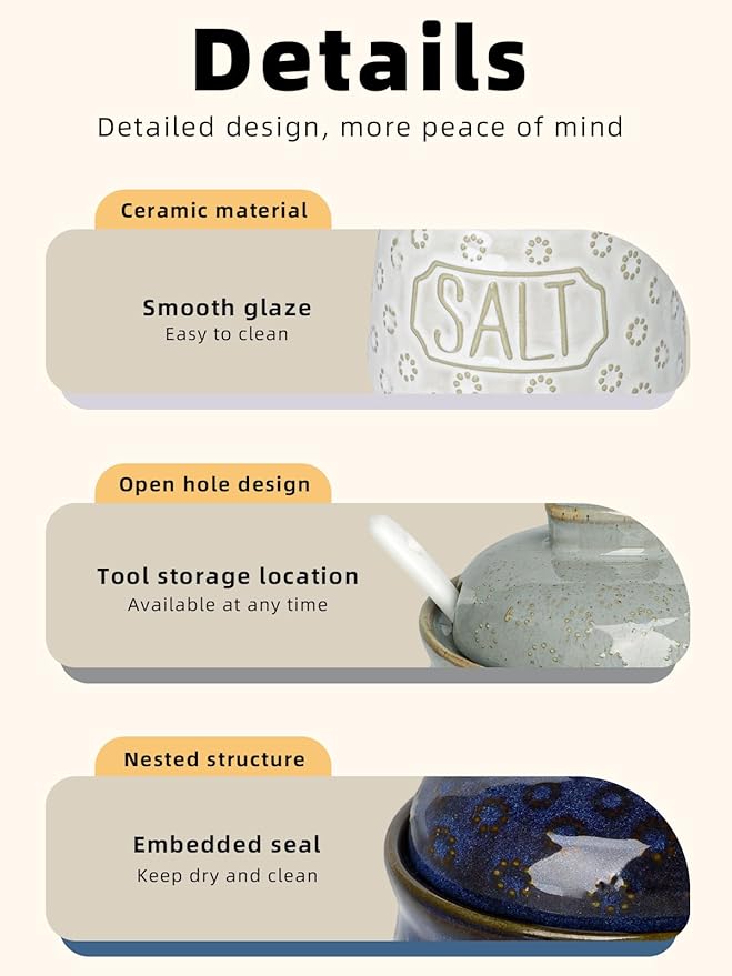 Salt & Pepper Bowl with Lid and Spoon, 10 OZ Ceramic Spices Cellar for Kitchen Counter top, Farmhouse Kitchen Decor (Vintage Grey, 4.3" Label Salt)