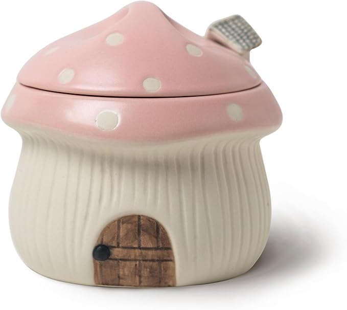 Ceramic Sugar Bowl with Lid & Spoon, Cute mushroom house design. Porcelain Seasoning Storage Jar, 14 Ounces. (Pink)