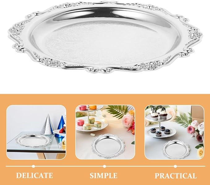 VILLCASE 2 Pack Small Silver Serving Tray, 5. 9 Inch Vintage Round Iron Display Plate for Desserts, Antique Style Decorative Jewelry Dish for Vanity, Wedding Centerpiece and Tea Party (Silver)