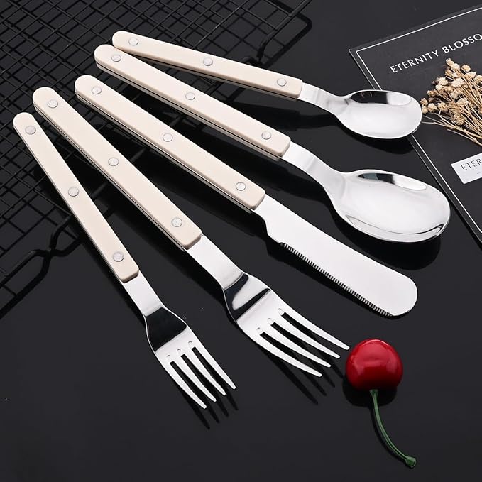 JASHII Silverware Flatware Set 20 Pieces Stainless Steel With Rivet Retro Cutlery Set Knife Fork Spoon Set Service for 4 for Home Restaurant Wedding - Beige Handle