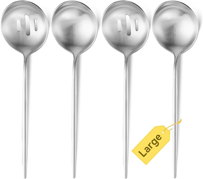 O.C.E. 4 Pieces Serving Spoons Set,10.3-Inch Large Serving Spoon,Including 2 Serving Spoon and 2 Slotted Spoon,Stainless Steel Flatware Serving Set,for Buffet,Banquet or Gift,Matte Silver