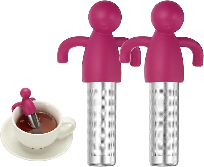 uxcell 2 Pcs Cute Tea Infuser, Stainless Steel Loose Leaf Tea Steeper Filter with Silicone Handle Reusable Thin Pores Mesh Strainer Diffuser for Teacups Teapots Mugs, Rose Red