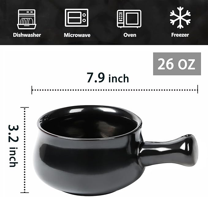 vicrays French Onion Soup Bowls With Handles, 26 Ounce for Soup, Chili, Beef Stew, Chip Resistant, Dishwasher Microwave Safe, Set of 4 (Black)