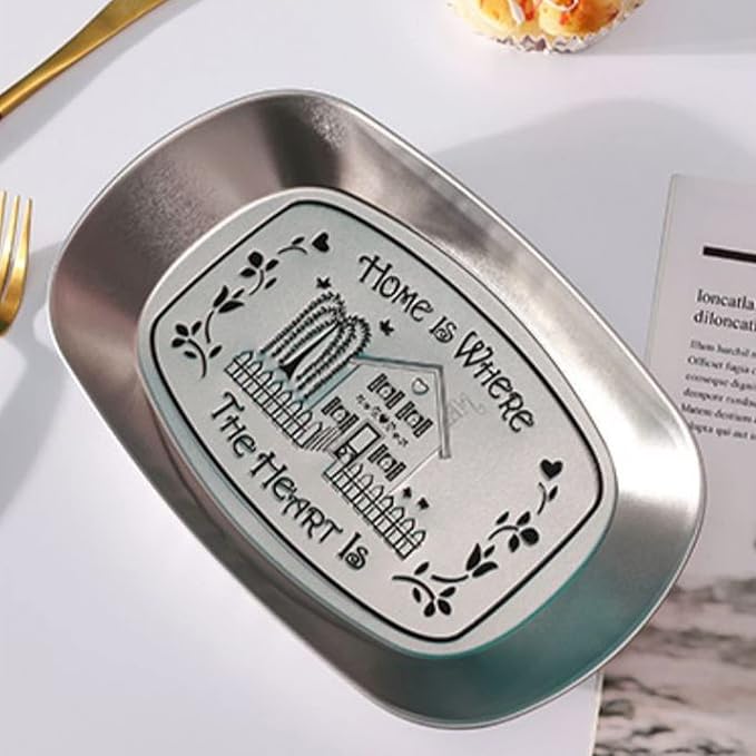 Portable Bread Tray, Oval Metal Picnic Plate Reusable Decorative Bread Serving Tray Multipurpose Tinplate Food Tray for Parties Gatherings (Home Style)