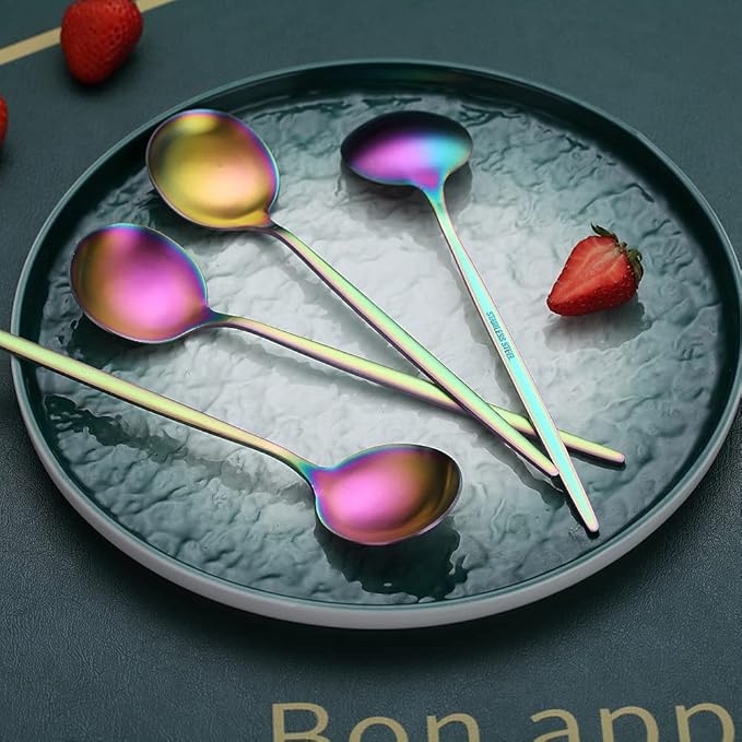 Matt Rainbow 6 Piece Dinner Spoons, 8.1'' Stainless Steel Tablespoons, Dessert Spoons, Silverware for Home, Kitchen or Restaurant, Dishwasher Safe