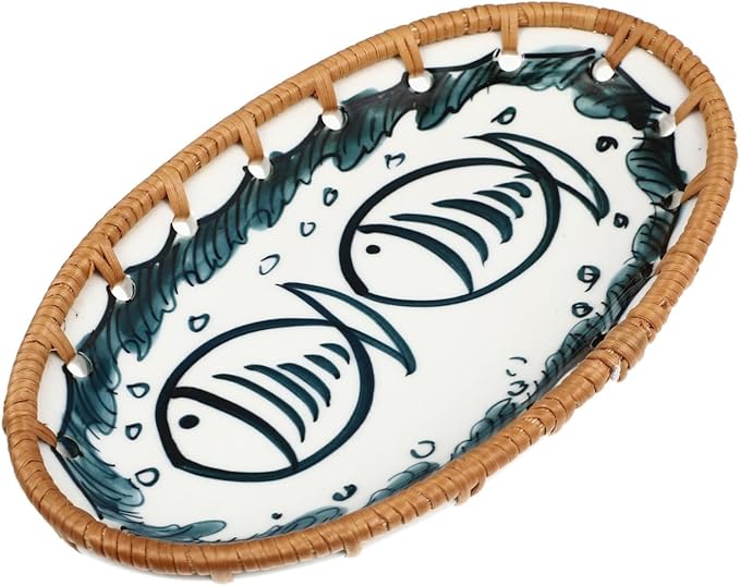 Japanese Style Rattan Serving Plate Ceramic Appetizer Dish Decorative Tray Trays for Kitchen Retro Porcelain