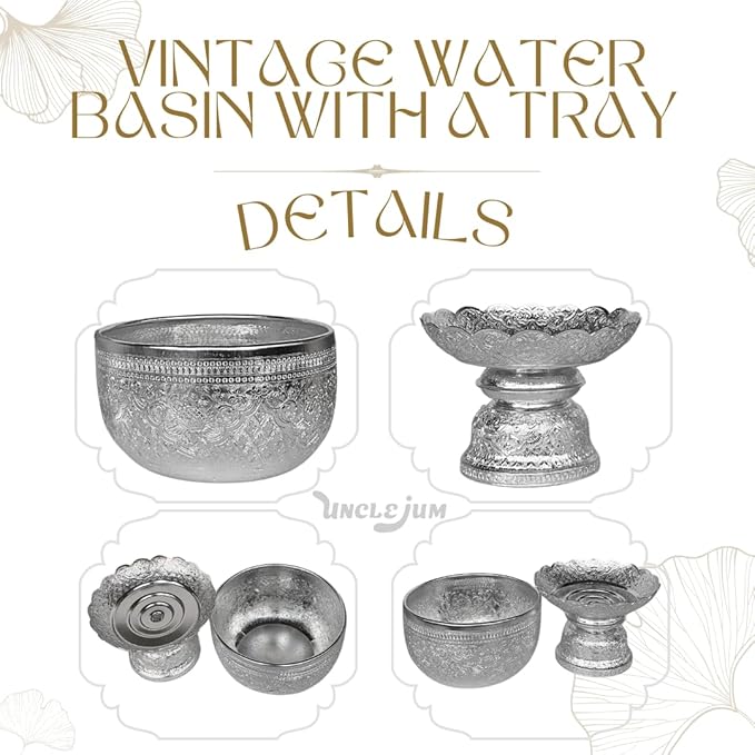 Thai Buddhism Bowl & Tray with Embossed Patterns, Silver Aluminum, Vintage Collection (16 CM)