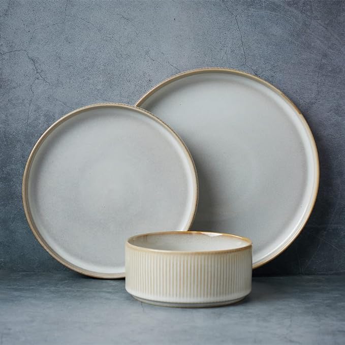 famiware Star Dinnerware Sets, Plates and Bowls Set for 4, 12 Pieces Ribbed Dishes - Chip and Scratch Resistant, Microwave and Dishwasher Safe Tableware, Cappuccino White
