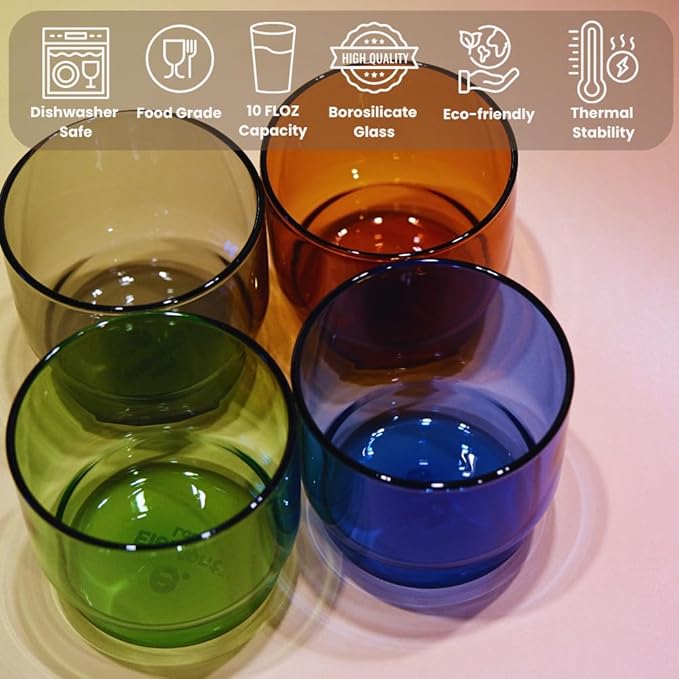 ELEMENT LABS Retro Colored Double Old-Fashioned Glasses Set 10oz Stackable Drinking Glasses for Cocktails Mixology Espresso Cups Party Hosting Modern Barware Gift Dishwasher Safe