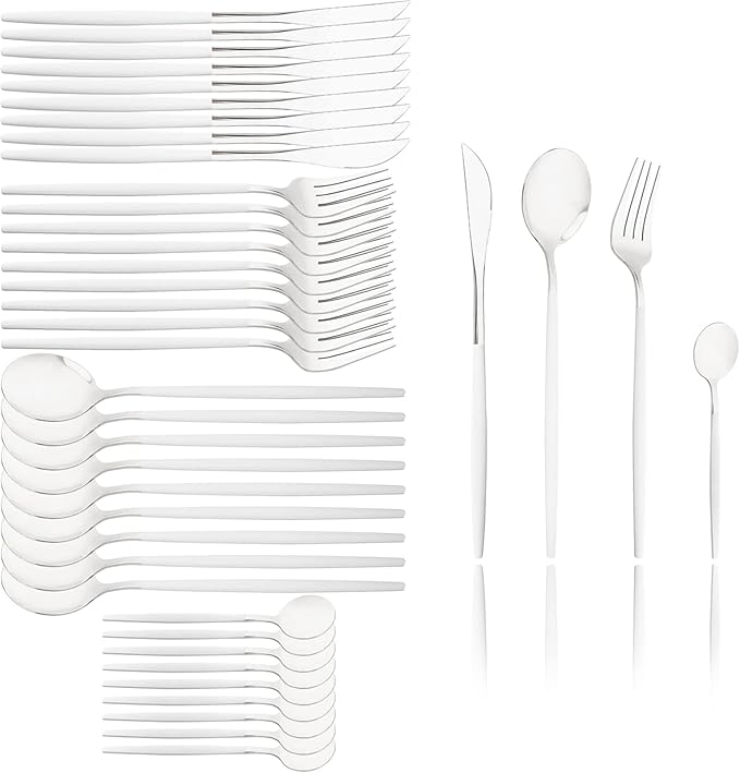 40 Pcs Silverware Set With Teaspoon For 10, Food Grade Stainless Steel Utensils Tableware Set, Elegant & Simple Flatware Serving Set Include Knife Fork Spoon, Mirror (White Silver)