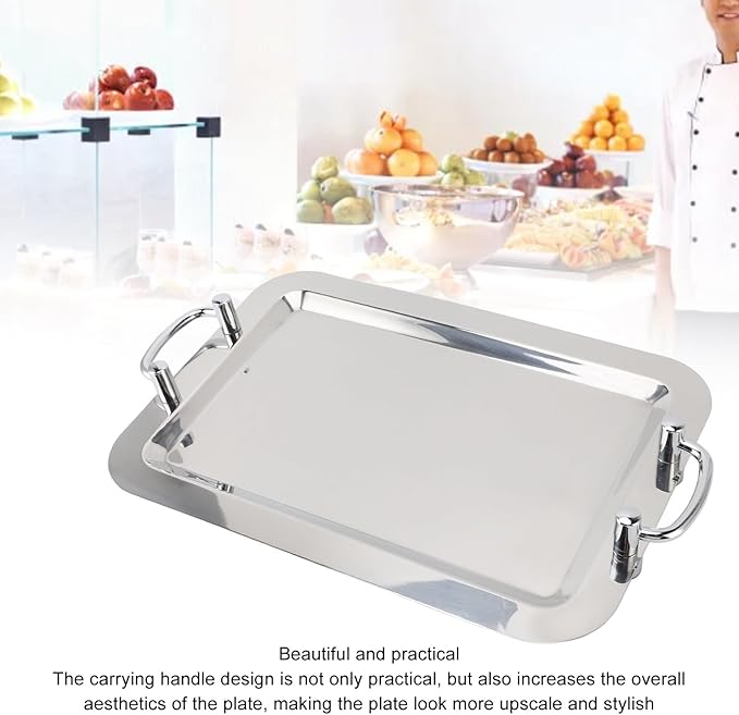 Fockety Stainless Steel Serving Tray, Multifunction Portable Metal Serving Tray with Handle, Buffet Serving Snack Tray for Coffee, Desserts, Cakes, (Rectangle Shape with