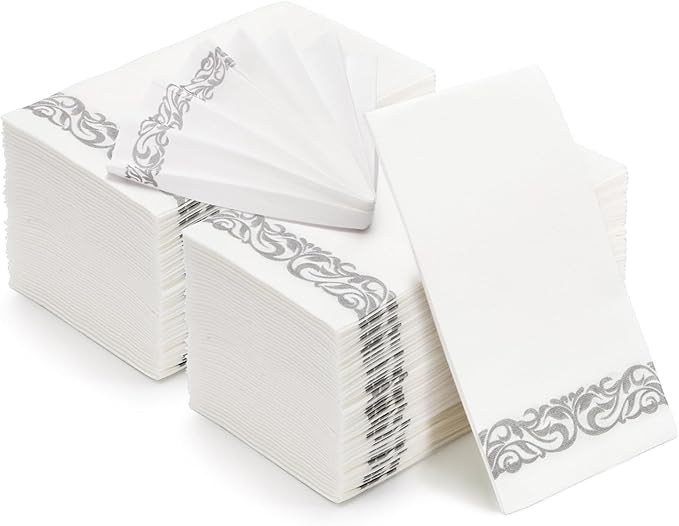 Foraineam 100-Pack Soft Texture Paper Hand Towels Disposable Decorative Paper Hand Napkins - Silver Floral Paper Guest Towels