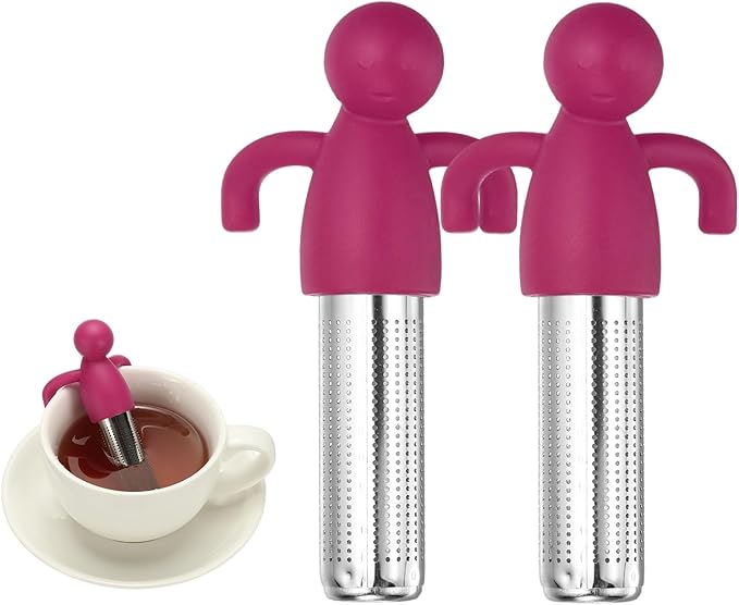 uxcell 2 Pcs Cute Tea Infuser, Stainless Steel Loose Leaf Tea Steeper Filter with Silicone Handle Reusable Coarse Pores Mesh Strainer Diffuser for Teacups Teapots Mugs, Rose Red