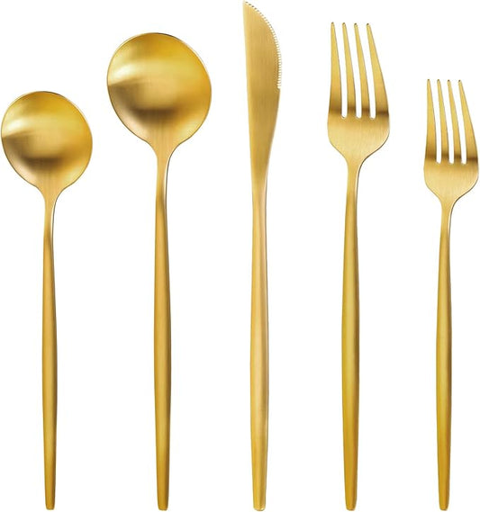 Gold Silverware Set for 4, MIKIWAY 20 Pieces Stainless Steel Flatware Set, Matte Golden Cutlery Tableware Set, Kitchen Utensils Set Include Spoons And Forks Set, Satin Polished, Dishwasher Safe