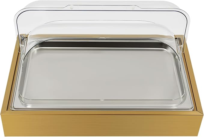 Single Compartment Ice Food Display Tray, 1.59Gal Stainless Steel Buffet Cooler Platter with Clear Lid & Reusable Gel Ice Box, for Outdoor Party Restaurant - Gold (Gold-1)