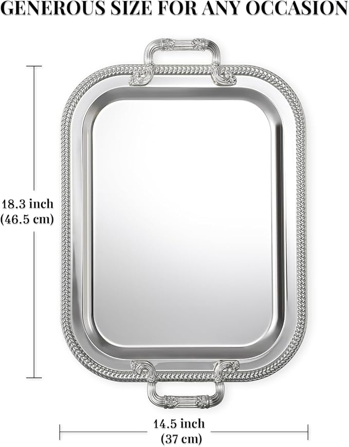 18.5"x14.5" Rectangular Silver Serving Tray with Handles, Beautiful Mirror Polished Finish, Lightweight Classic Metallic Decorative Silverplate Tray for Wedding Anniversary Birthday Holiday Gatherings