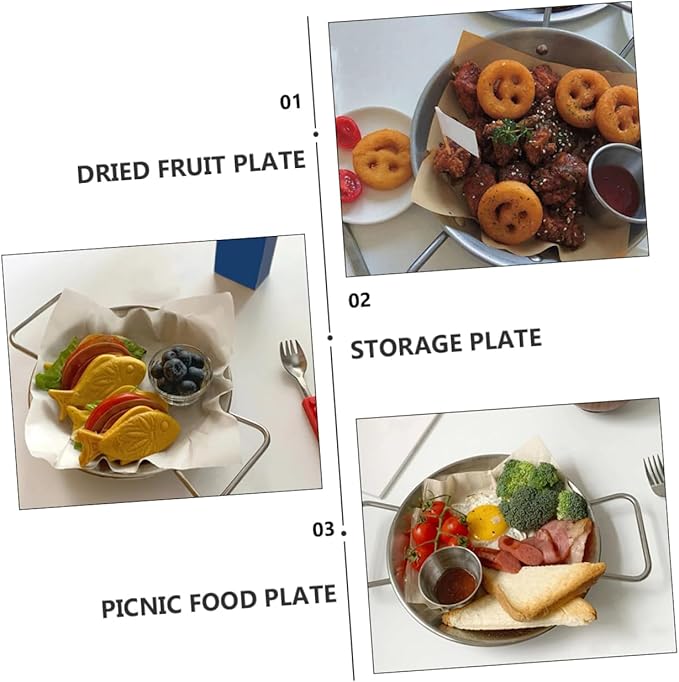 IMIKEYA Double Handles Stainless Steel Dinner Plate Non-breakable Serving Tray for Food Restaurant Hotel Party
