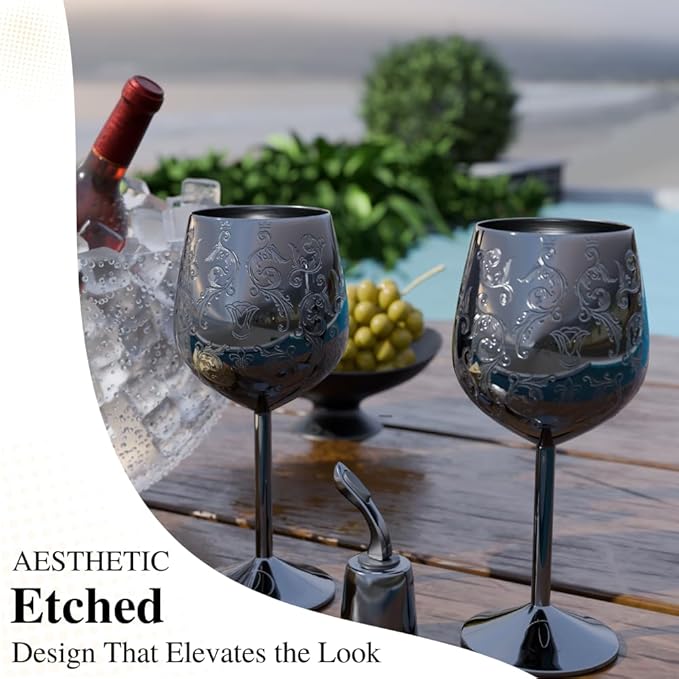 17oz Stainless Steel Wine Glasses [Set of 2] – Black Royal Goblets with Intricate Baroque Engravings, Unbreakable and Shatterproof Wine Cups with Bottle Stopper Ideal for Mother's Day Gift