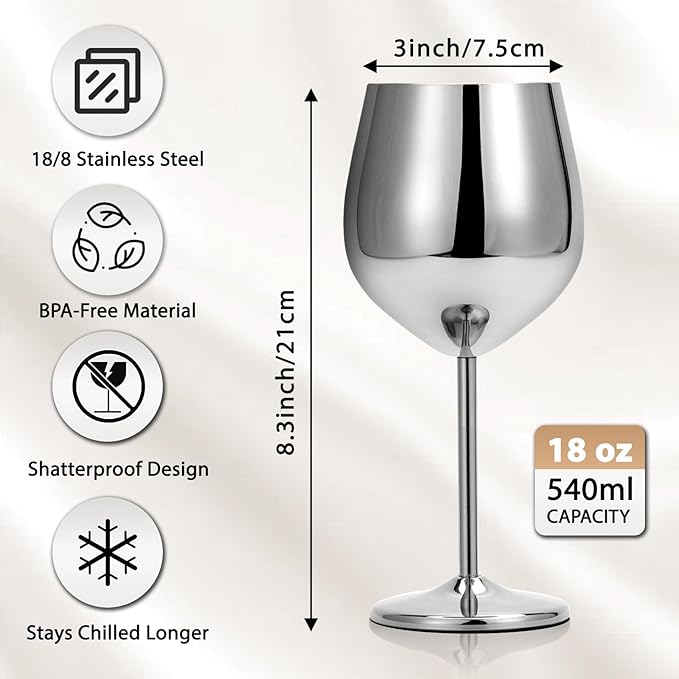 Stainless Steel Wine Glasses Set of 4, 18oz Silver Unbreakable Goblets - Outdoor Metal Cups for Travel, Camping, Pool Parties