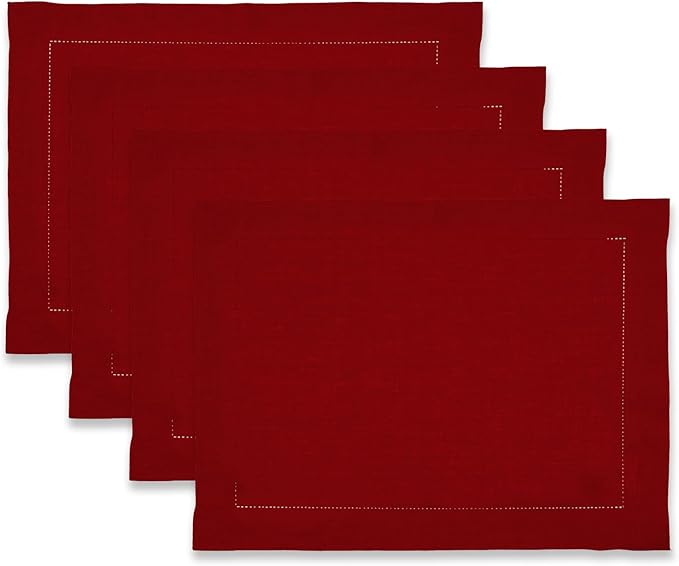 Home Ekaa 100% Pure Linen Red Placemats 14 x 19 Inch - Washable Hemstitch Christmas Placemats Set of 4 – Elegant Cloth Fabric Table Mats for Dining, Fall, Winter, Holiday & New Year – Elara Collection