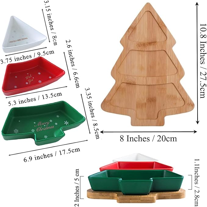 Colorful 10.8 Inches Snack Appetizer Trays Set, Christmas Tree Dessert Serving Dishes, Snack Platter, 3 pcs Removable Porcelain Plates with Bamboo Tree Tray