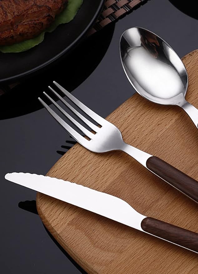 Wood Silverware Set for 10 Durable Stainless Steel Flatware Set 50 Piece Wooden Grain Cutlery Tableware Utensils Set for Home Kitchen Wedding Restaurant Knifes Forks and Spoons
