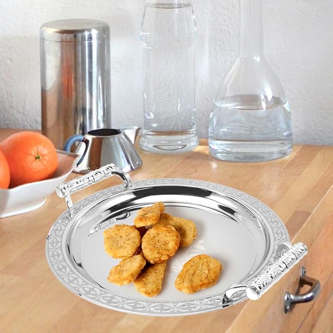 Zerodeko Stainless Steel Tea Tray Tea Serving Platter with Handles European Serving Tray Round Dinner Plate Retro Fruit for Food Fruit Coffee Silver