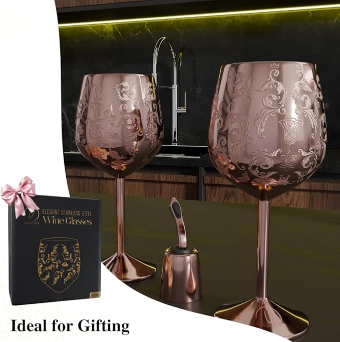 17oz Stainless Steel Wine Glasses | Gift for Mother's Day [Set of 2]–Rose Gold Royal Goblets with Intricate Baroque Engravings, Unbreakable and Shatterproof Wine Cups with Bottle Stopper